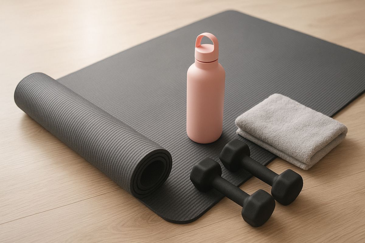 Petits haltères, bande élastique et tapis de sport disposés au sol
