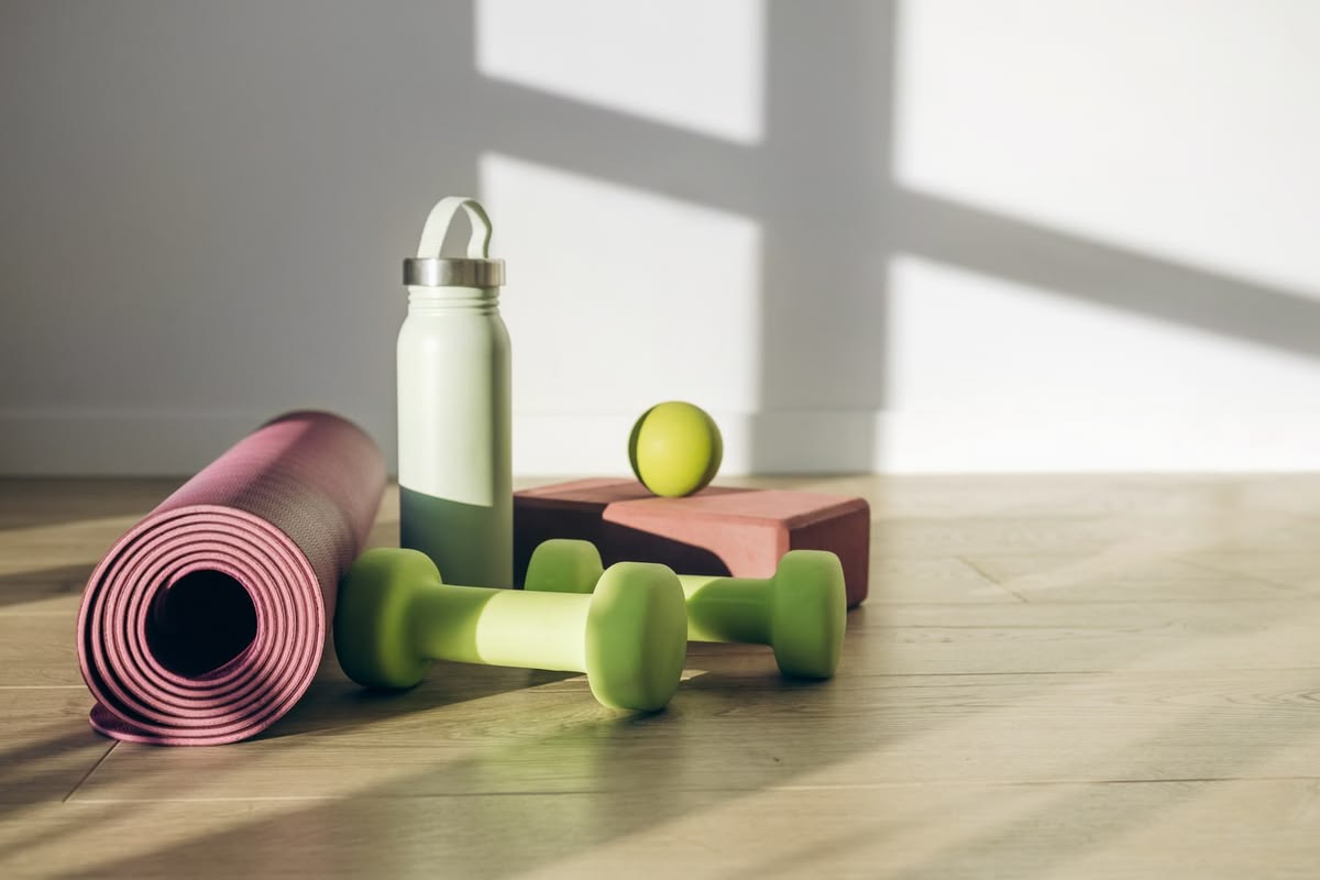 Matériel de fitness dans une salle : haltères, kettlebell et ballon